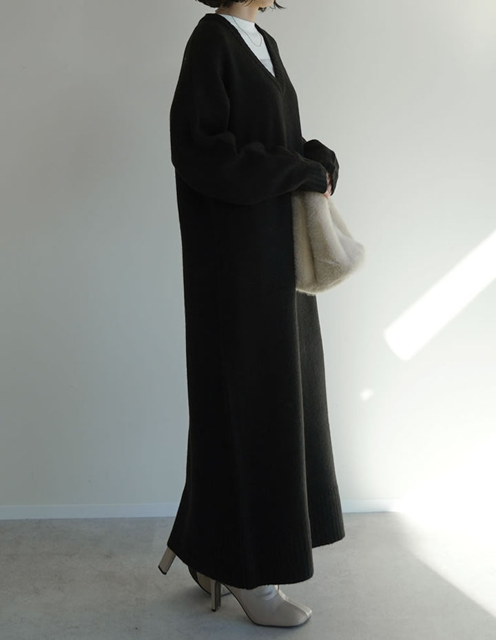 [新色追加][低身長サイズ有][体型カバー][洗濯機で洗える]Vネックブークレニットワンピース ワンピース 人気レディースファッション通販 リエディ