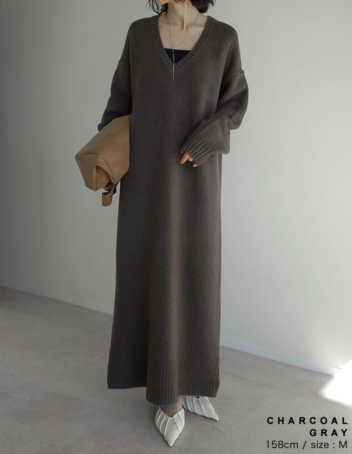 [新色追加][低身長サイズ有][体型カバー][洗濯機で洗える]Vネックブークレニットワンピース ワンピース 人気レディースファッション通販 リエディ