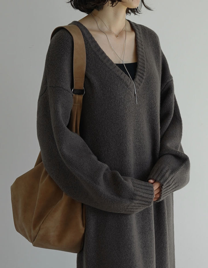 [新色追加][低身長サイズ有][体型カバー][洗濯機で洗える]Vネックブークレニットワンピース ワンピース 人気レディースファッション通販 リエディ