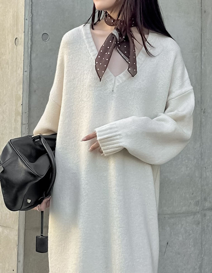 [新色追加][低身長サイズ有][体型カバー][洗濯機で洗える]Vネックブークレニットワンピース ワンピース 人気レディースファッション通販 リエディ