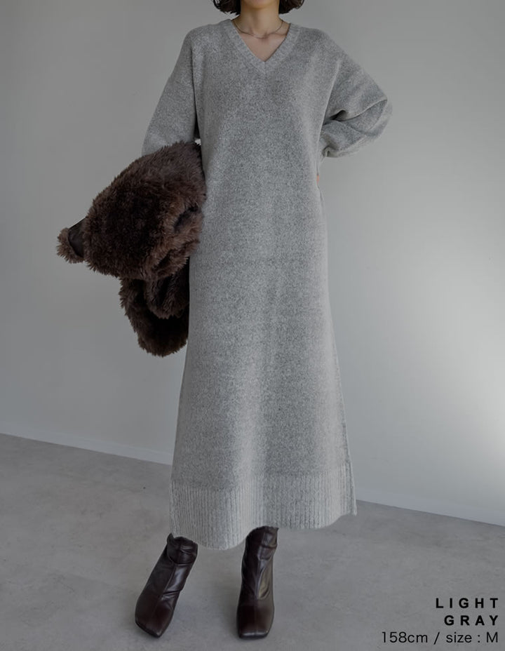 [新色追加][低身長サイズ有][体型カバー][洗濯機で洗える]Vネックブークレニットワンピース ワンピース 人気レディースファッション通販 リエディ