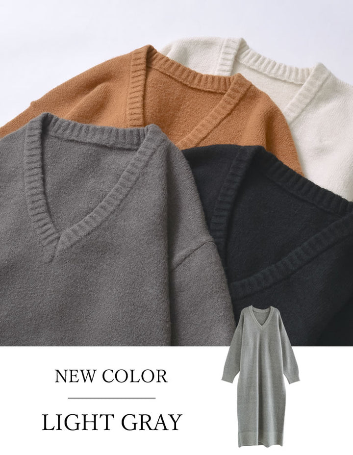 [新色追加][低身長サイズ有][体型カバー][洗濯機で洗える]Vネックブークレニットワンピース ワンピース 人気レディースファッション通販 リエディ