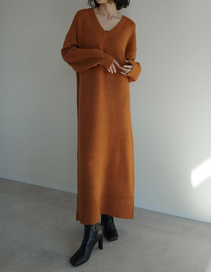 [新色追加][低身長サイズ有][体型カバー][洗濯機で洗える]Vネックブークレニットワンピース ワンピース 人気レディースファッション通販 リエディ