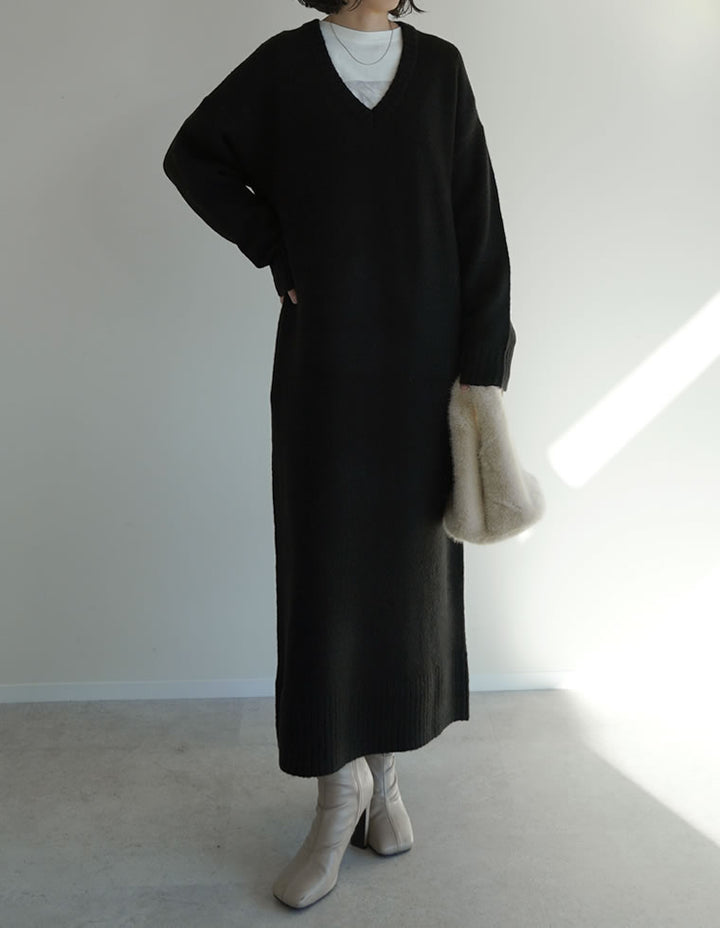 [新色追加][低身長サイズ有][体型カバー][洗濯機で洗える]Vネックブークレニットワンピース ワンピース 人気レディースファッション通販 リエディ