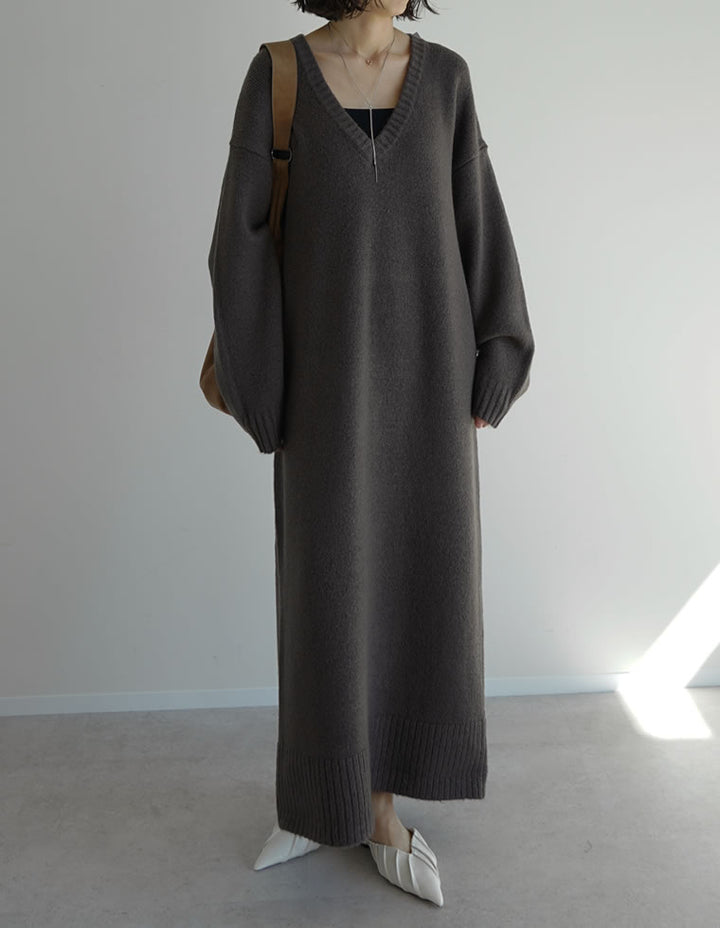 [新色追加][低身長サイズ有][体型カバー][洗濯機で洗える]Vネックブークレニットワンピース ワンピース 人気レディースファッション通販 リエディ