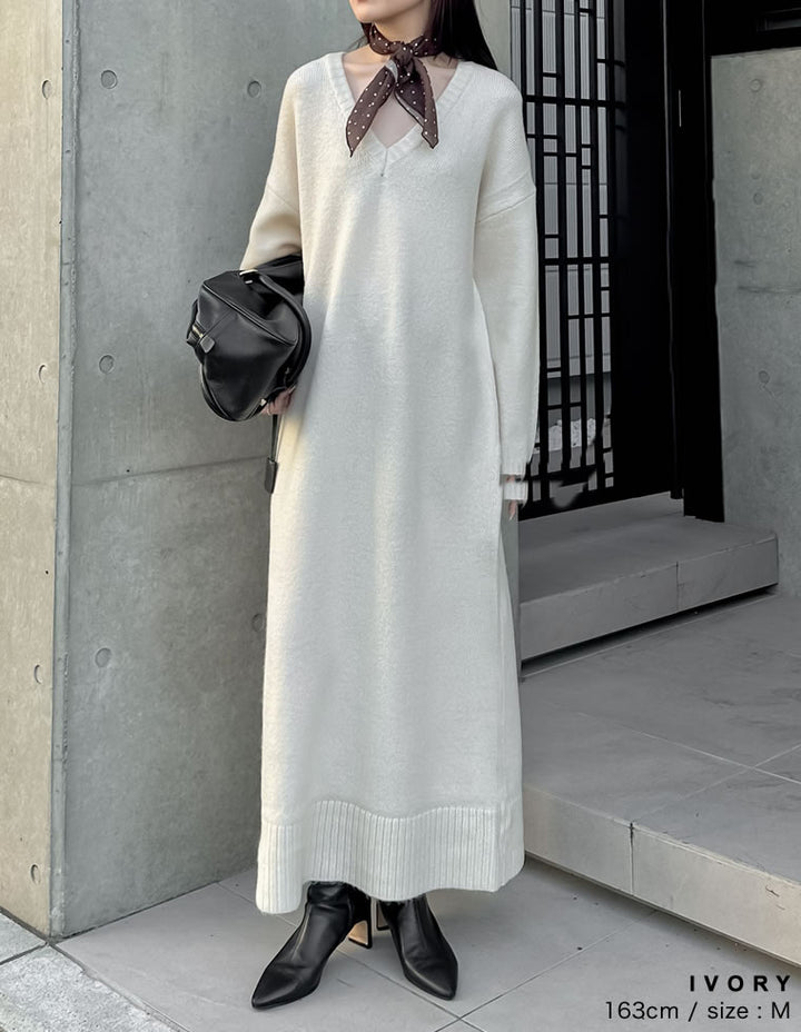 [新色追加][低身長サイズ有][体型カバー][洗濯機で洗える]Vネックブークレニットワンピース ワンピース 人気レディースファッション通販 リエディ