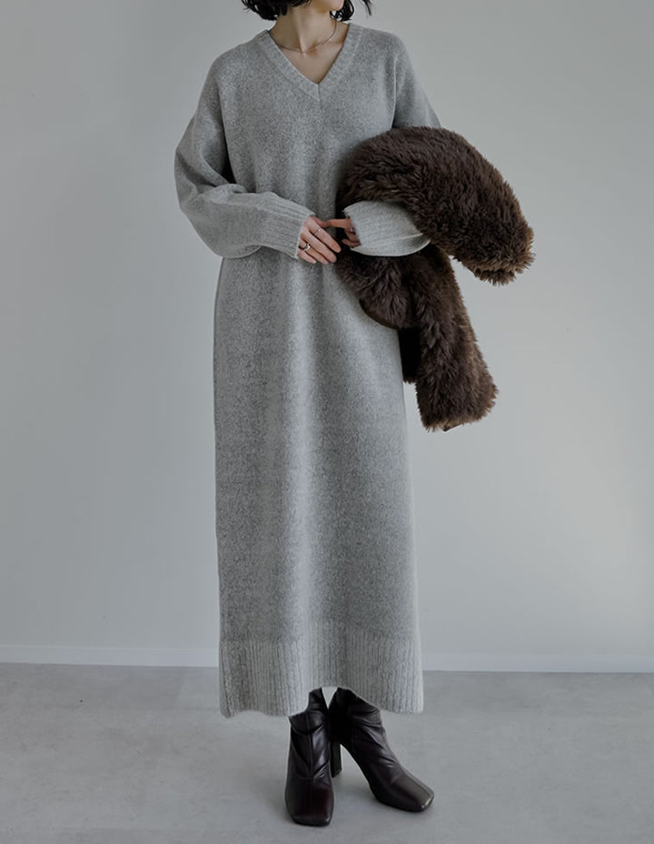 [新色追加][低身長サイズ有][体型カバー][洗濯機で洗える]Vネックブークレニットワンピース ワンピース 人気レディースファッション通販 リエディ