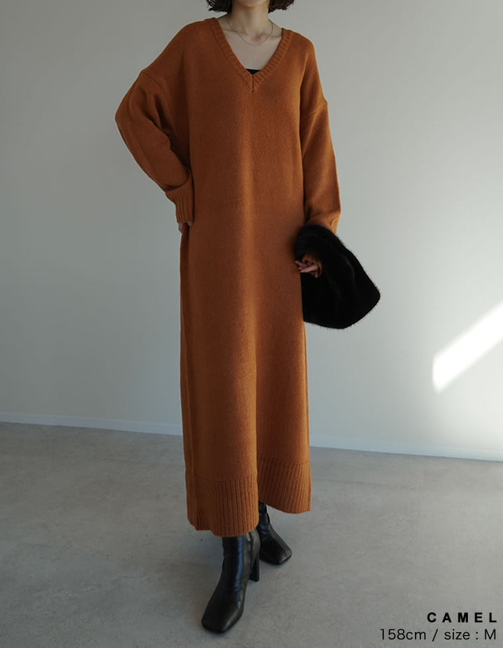 [新色追加][低身長サイズ有][体型カバー][洗濯機で洗える]Vネックブークレニットワンピース ワンピース 人気レディースファッション通販 リエディ
