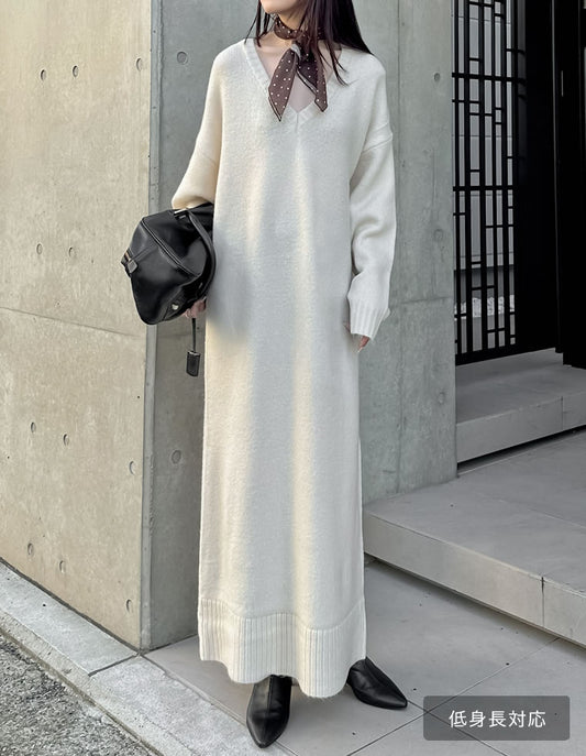 [新色追加][低身長サイズ有][体型カバー][洗濯機で洗える]Vネックブークレニットワンピース ワンピース 人気レディースファッション通販 リエディ