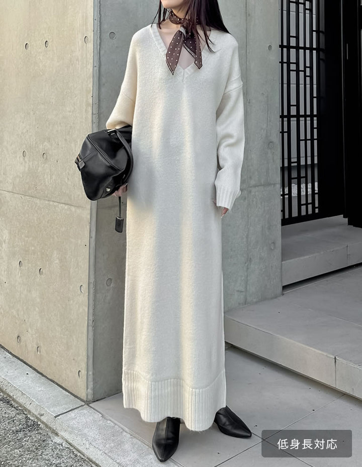 [新色追加][低身長サイズ有][体型カバー][洗濯機で洗える]Vネックブークレニットワンピース ワンピース 人気レディースファッション通販 リエディ