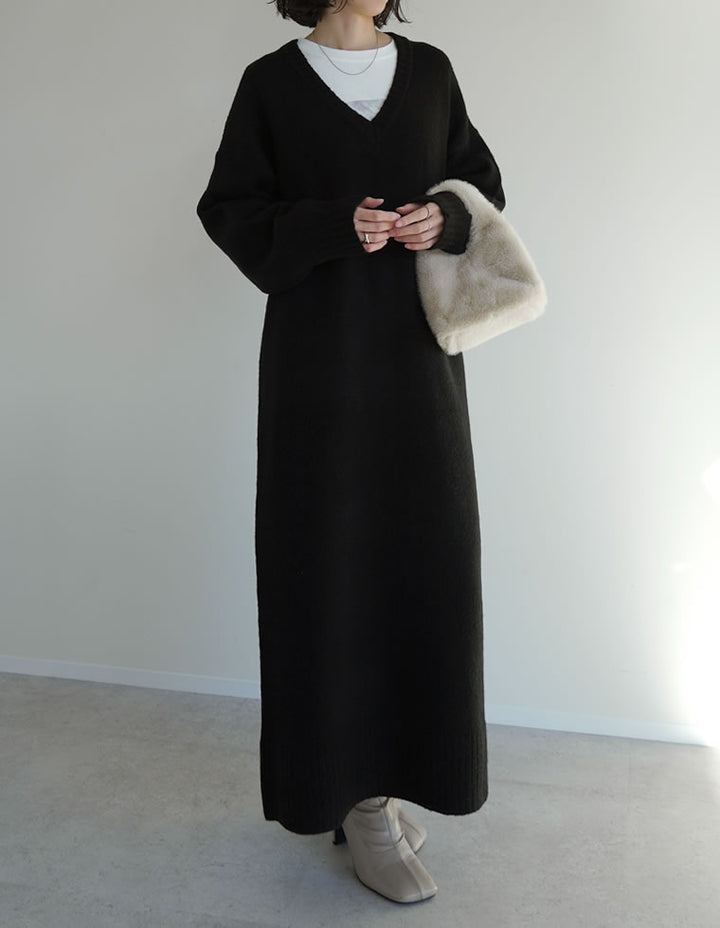 [新色追加][低身長サイズ有][体型カバー][洗濯機で洗える]Vネックブークレニットワンピース ワンピース 人気レディースファッション通販 リエディ