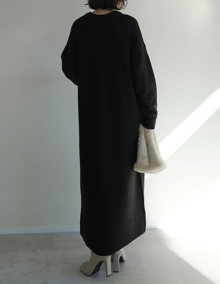 [新色追加][低身長サイズ有][体型カバー][洗濯機で洗える]Vネックブークレニットワンピース ワンピース 人気レディースファッション通販 リエディ