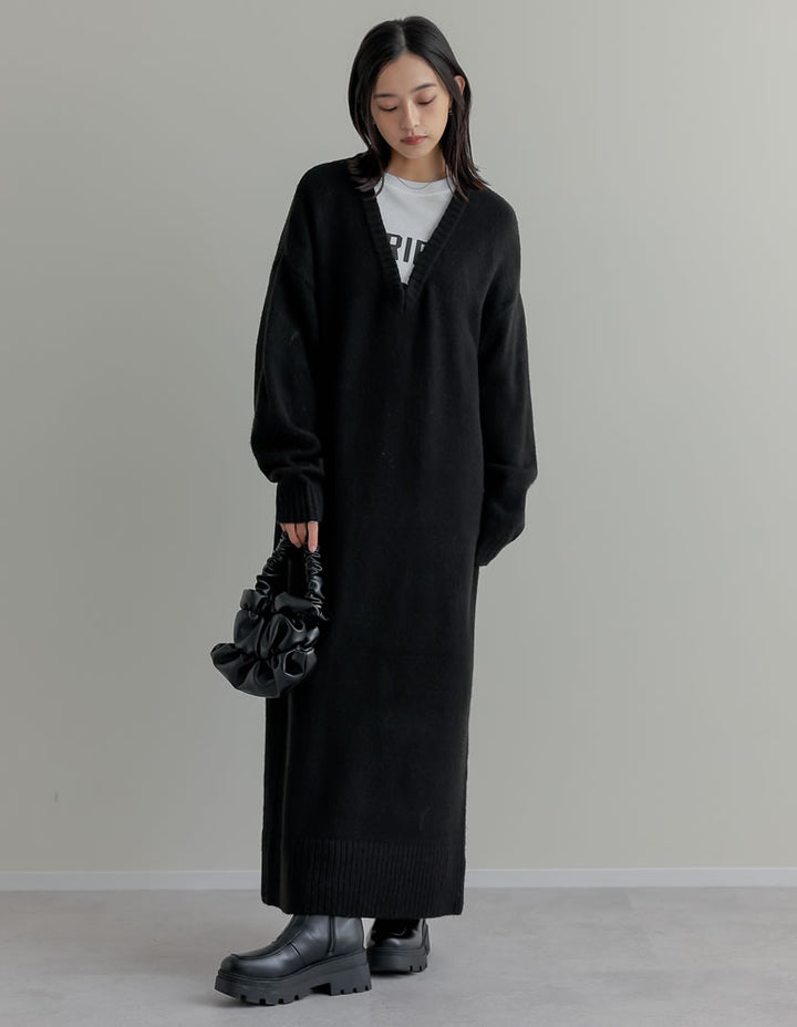 [新色追加][低身長サイズ有][体型カバー][洗濯機で洗える]Vネックブークレニットワンピース ワンピース 人気レディースファッション通販 リエディ