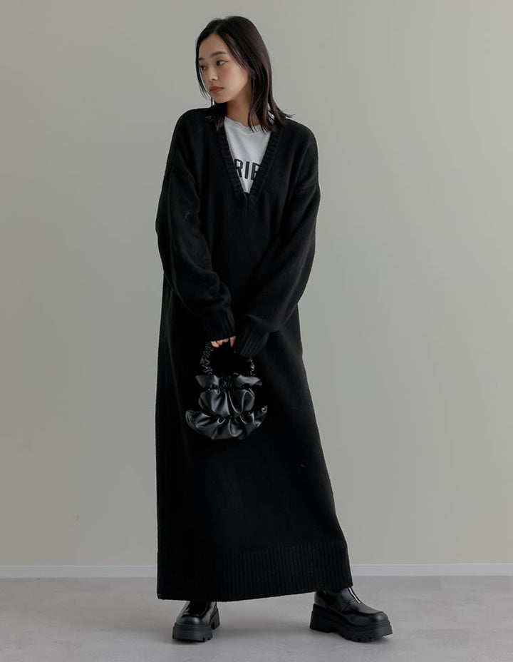 [新色追加][低身長サイズ有][体型カバー][洗濯機で洗える]Vネックブークレニットワンピース ワンピース 人気レディースファッション通販 リエディ