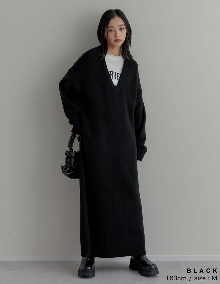 [新色追加][低身長サイズ有][体型カバー][洗濯機で洗える]Vネックブークレニットワンピース ワンピース 人気レディースファッション通販 リエディ