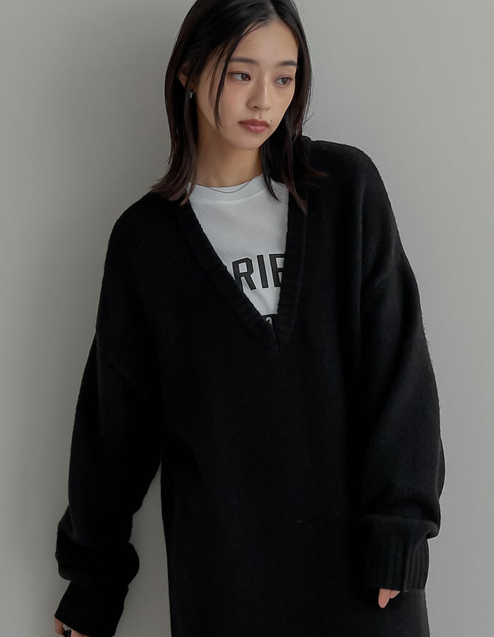 [新色追加][低身長サイズ有][体型カバー][洗濯機で洗える]Vネックブークレニットワンピース ワンピース 人気レディースファッション通販 リエディ