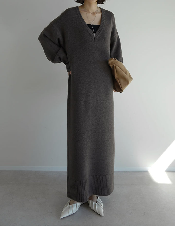 [新色追加][低身長サイズ有][体型カバー][洗濯機で洗える]Vネックブークレニットワンピース ワンピース 人気レディースファッション通販 リエディ