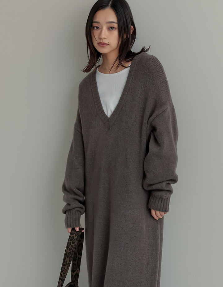 [新色追加][低身長サイズ有][体型カバー][洗濯機で洗える]Vネックブークレニットワンピース ワンピース 人気レディースファッション通販 リエディ