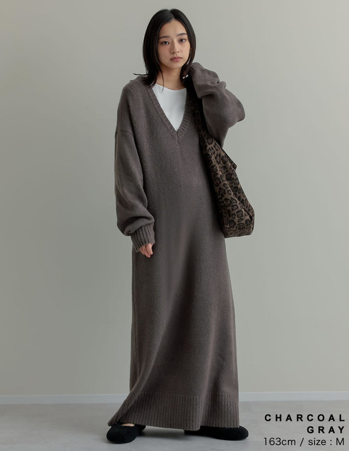 [新色追加][低身長サイズ有][体型カバー][洗濯機で洗える]Vネックブークレニットワンピース ワンピース 人気レディースファッション通販 リエディ