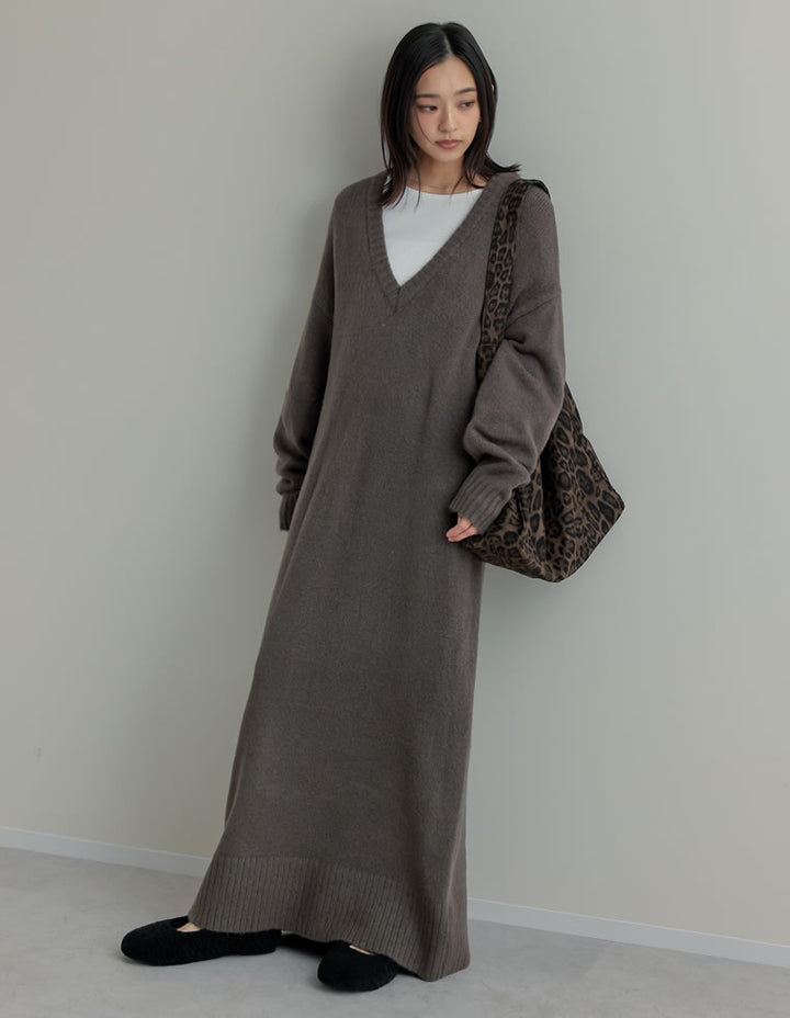 [新色追加][低身長サイズ有][体型カバー][洗濯機で洗える]Vネックブークレニットワンピース ワンピース 人気レディースファッション通販 リエディ