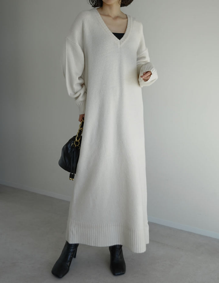 [新色追加][低身長サイズ有][体型カバー][洗濯機で洗える]Vネックブークレニットワンピース ワンピース 人気レディースファッション通販 リエディ