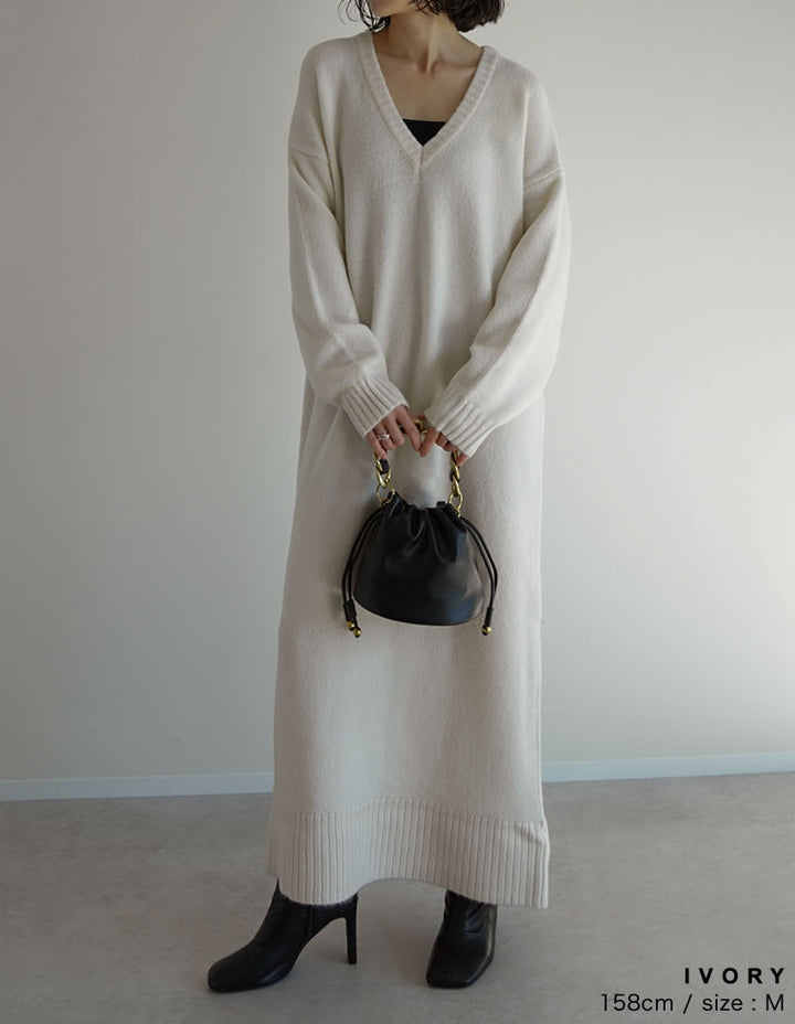 [新色追加][低身長サイズ有][体型カバー][洗濯機で洗える]Vネックブークレニットワンピース ワンピース 人気レディースファッション通販 リエディ