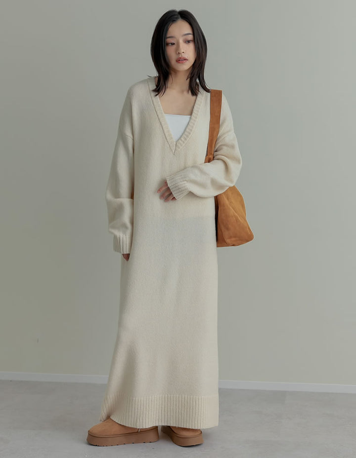 [新色追加][低身長サイズ有][体型カバー][洗濯機で洗える]Vネックブークレニットワンピース ワンピース 人気レディースファッション通販 リエディ