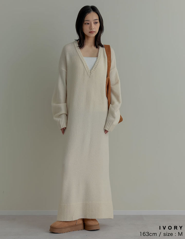 [新色追加][低身長サイズ有][体型カバー][洗濯機で洗える]Vネックブークレニットワンピース ワンピース 人気レディースファッション通販 リエディ