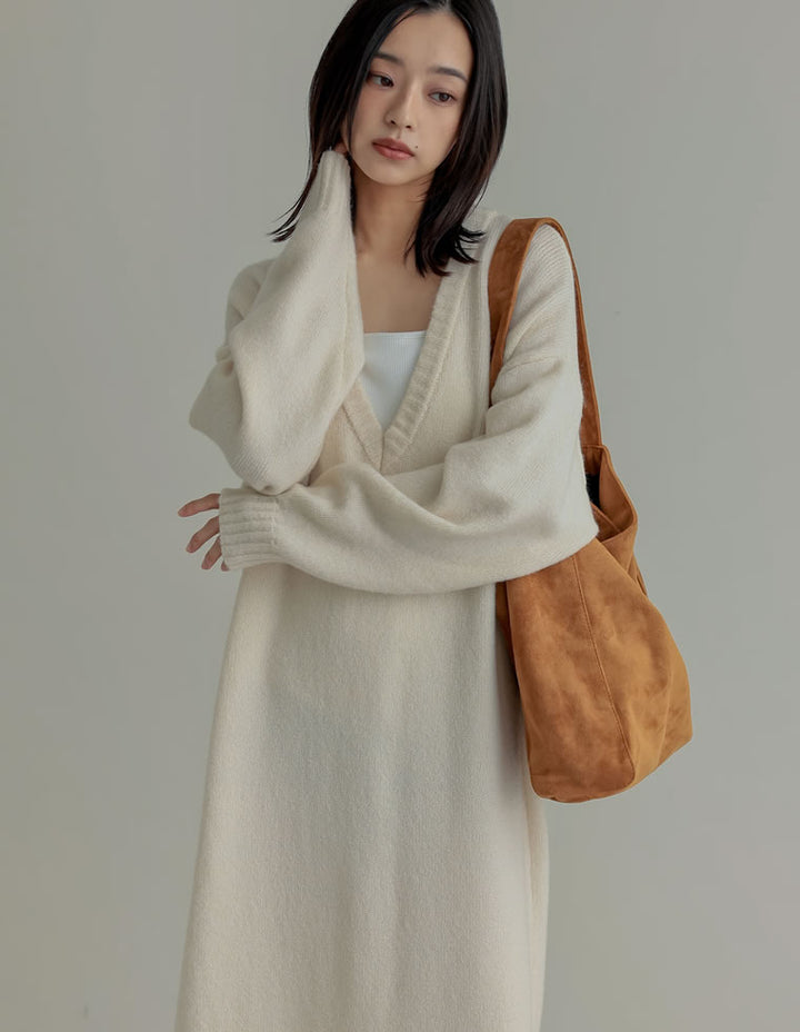 [新色追加][低身長サイズ有][体型カバー][洗濯機で洗える]Vネックブークレニットワンピース ワンピース 人気レディースファッション通販 リエディ