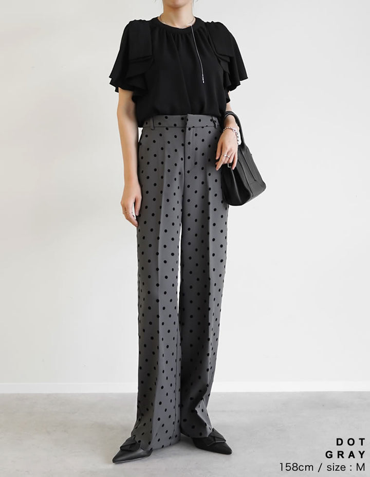 【TIME SALE 20%OFF ¥4,499⇒¥3,599】[オケージョン セレモニー][低身長/高身長/大きいサイズ有]カットツイルフロッキードットストレートパンツ パンツ 人気レディースファッション通販 リエディ