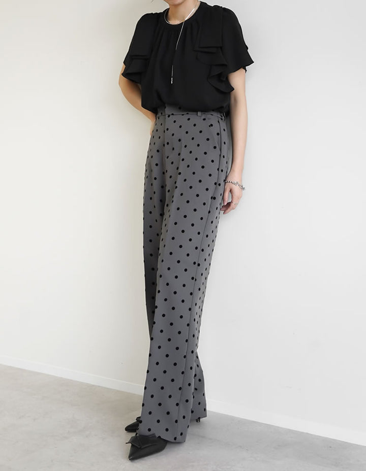 【TIME SALE 20%OFF ¥4,499⇒¥3,599】[オケージョン セレモニー][低身長/高身長/大きいサイズ有]カットツイルフロッキードットストレートパンツ パンツ 人気レディースファッション通販 リエディ