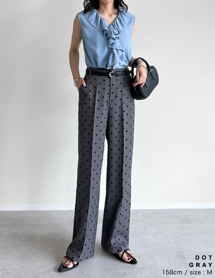 【TIME SALE 20%OFF ¥4,499⇒¥3,599】[オケージョン セレモニー][低身長/高身長/大きいサイズ有]カットツイルフロッキードットストレートパンツ パンツ 人気レディースファッション通販 リエディ