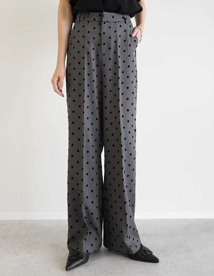 【TIME SALE 20%OFF ¥4,499⇒¥3,599】[オケージョン セレモニー][低身長/高身長/大きいサイズ有]カットツイルフロッキードットストレートパンツ パンツ 人気レディースファッション通販 リエディ