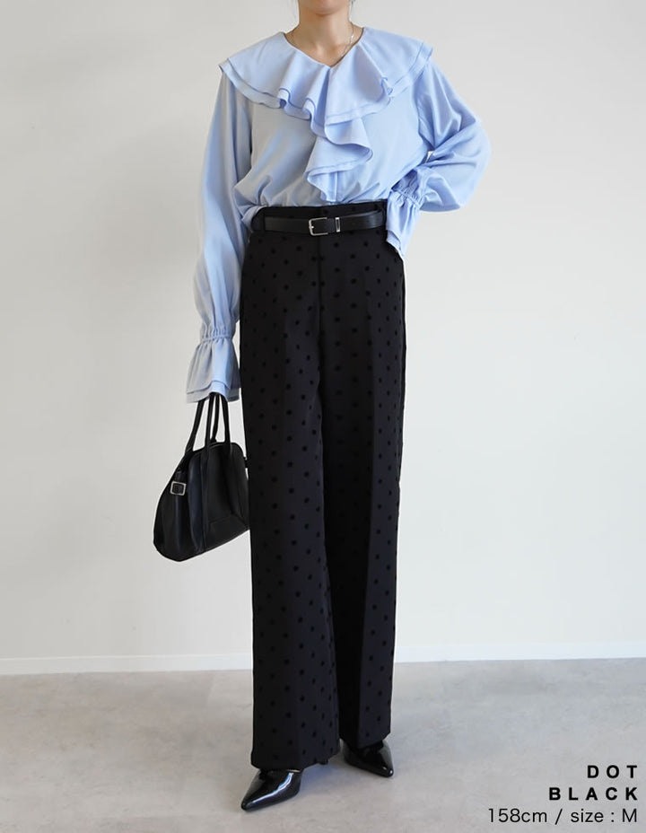 【TIME SALE 20%OFF ¥4,499⇒¥3,599】[オケージョン セレモニー][低身長/高身長/大きいサイズ有]カットツイルフロッキードットストレートパンツ パンツ 人気レディースファッション通販 リエディ