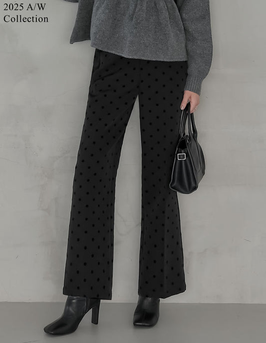 【TIME SALE 15%OFF】[2025AW COLLECTION][オケージョン セレモニー][低身長/高身長/大きいサイズ有]カットツイルフロッキードットストレートパンツ