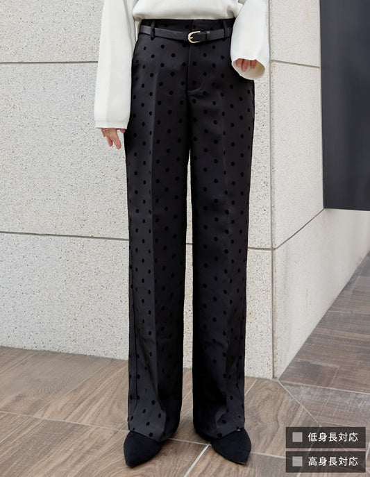 【TIME SALE 50%OFF】[オケージョン セレモニー][低身長/高身長/大きいサイズ有]カットツイルフロッキードットストレートパンツ