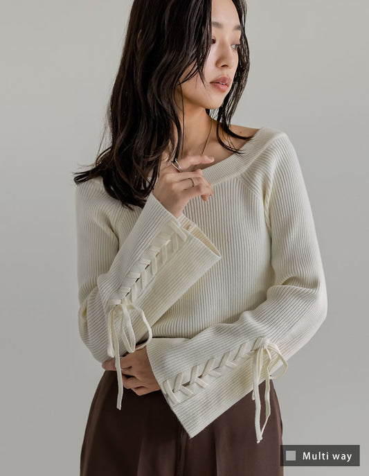 【TIME SALE 28%OFF】マルチウェイボートネックリボンスリーブリブニットトップス