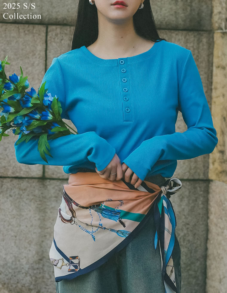 クルーネックフレアスリーブリブカットソートップス - トップス