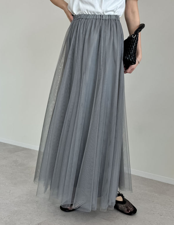 《今だけ！2BUY15%OFFクーポン対象》[2025SS COLLECTION][低身長サイズ有][体型カバー]チュールギャザーマキシスカート