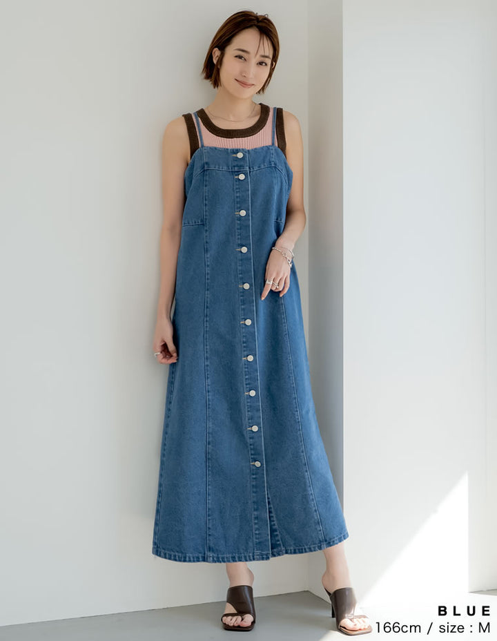 【TIME SALE 30%OFF ¥6,498⇒¥4,548】[低身長/高身長サイズ有]コットンデニムフロントボタンキャミソールワンピース ワンピース 人気レディースファッション通販 リエディ