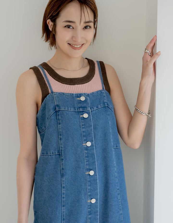 【TIME SALE 30%OFF ¥6,498⇒¥4,548】[低身長/高身長サイズ有]コットンデニムフロントボタンキャミソールワンピース ワンピース 人気レディースファッション通販 リエディ