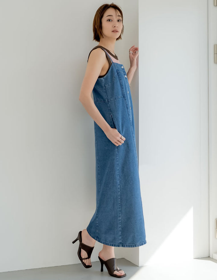 【TIME SALE 30%OFF ¥6,498⇒¥4,548】[低身長/高身長サイズ有]コットンデニムフロントボタンキャミソールワンピース ワンピース 人気レディースファッション通販 リエディ