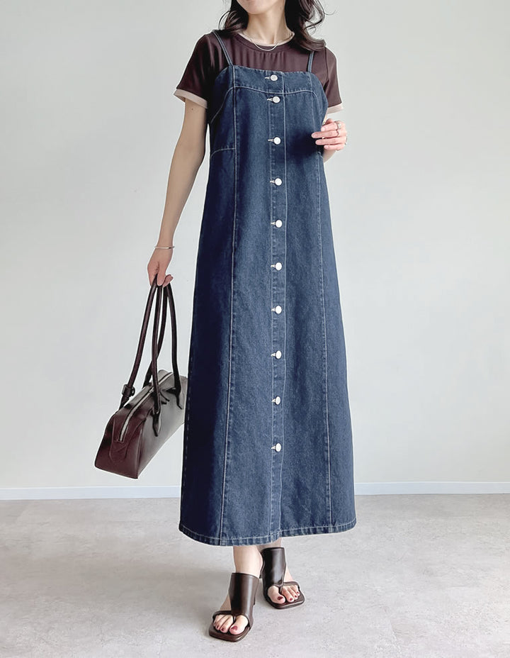 【TIME SALE 30%OFF ¥6,498⇒¥4,548】[低身長/高身長サイズ有]コットンデニムフロントボタンキャミソールワンピース ワンピース 人気レディースファッション通販 リエディ