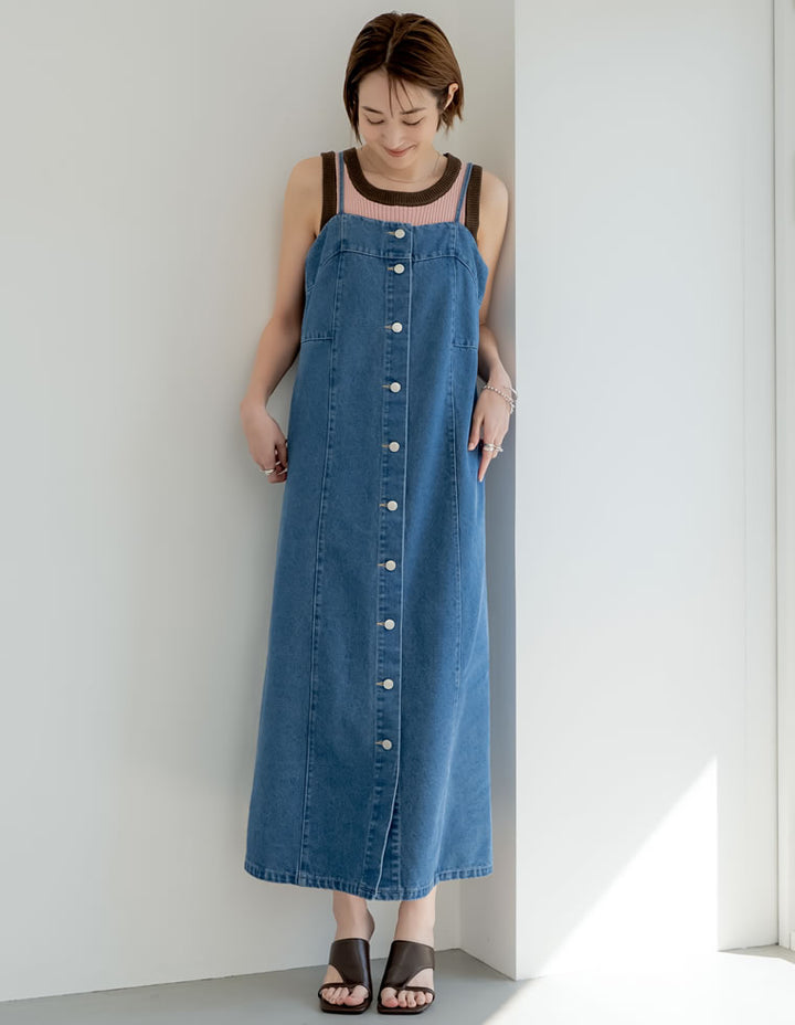 【TIME SALE 30%OFF ¥6,498⇒¥4,548】[低身長/高身長サイズ有]コットンデニムフロントボタンキャミソールワンピース ワンピース 人気レディースファッション通販 リエディ