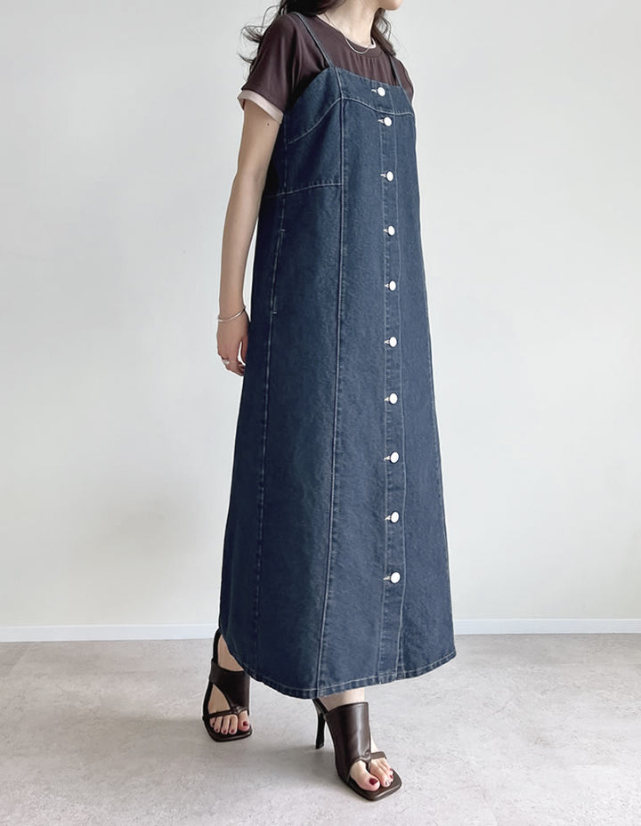 【TIME SALE 30%OFF ¥6,498⇒¥4,548】[低身長/高身長サイズ有]コットンデニムフロントボタンキャミソールワンピース ワンピース 人気レディースファッション通販 リエディ