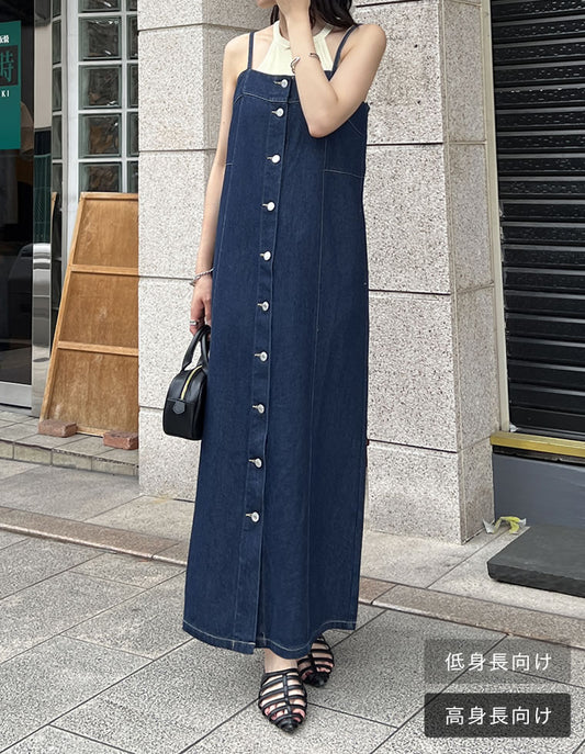 【TIME SALE 30%OFF ¥6,498⇒¥4,548】[低身長/高身長サイズ有]コットンデニムフロントボタンキャミソールワンピース ワンピース 人気レディースファッション通販 リエディ
