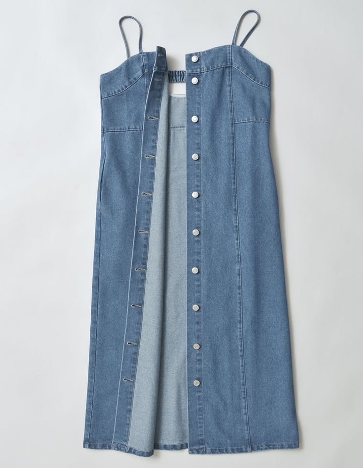 【TIME SALE 30%OFF ¥6,498⇒¥4,548】[低身長/高身長サイズ有]コットンデニムフロントボタンキャミソールワンピース ワンピース 人気レディースファッション通販 リエディ