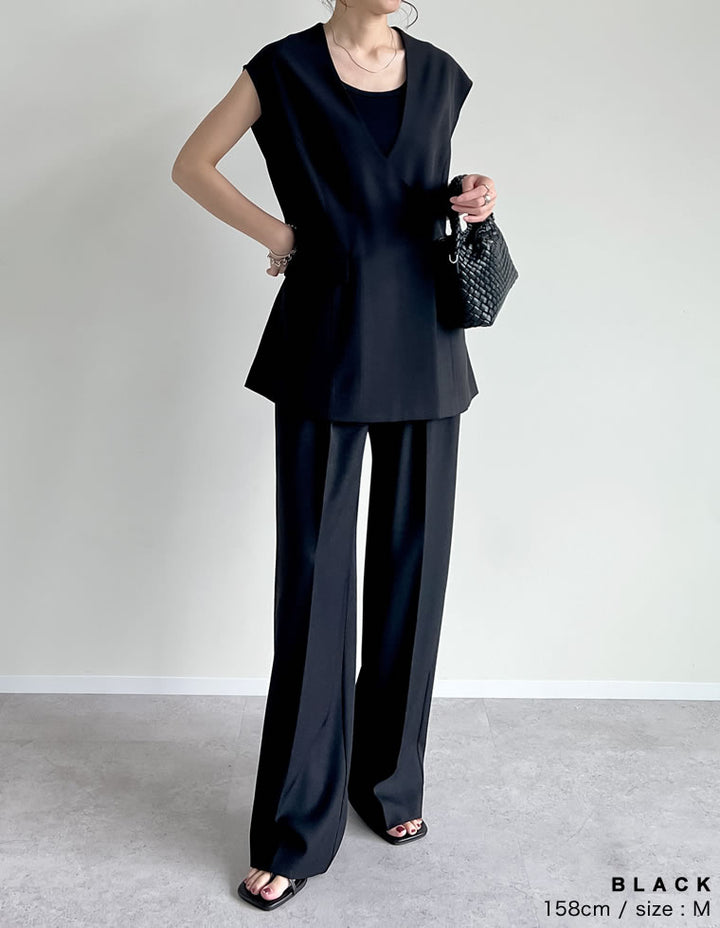 【TIME SALE 10%OFF ¥4,499⇒¥4,049】[2025SS COLLECTION][オケージョン セレモニー][低身長/高身長サイズ有]ストレッチミックスツイルダブルタックワイドパンツ パンツ 人気レディースファッション通販 リエディ