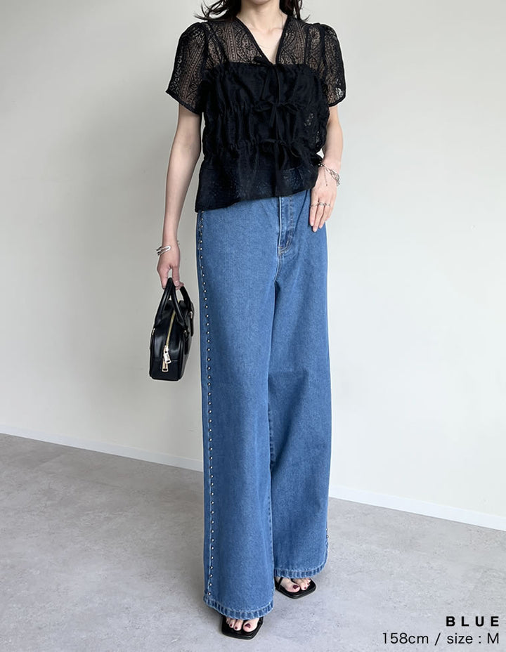 【TIME SALE 20%OFF ¥5,998⇒¥4,798】[2025 SUMMER COLLECTION][低身長/高身長サイズ有]サイドスタッズワイドデニムパンツ パンツ 人気レディースファッション通販 リエディ