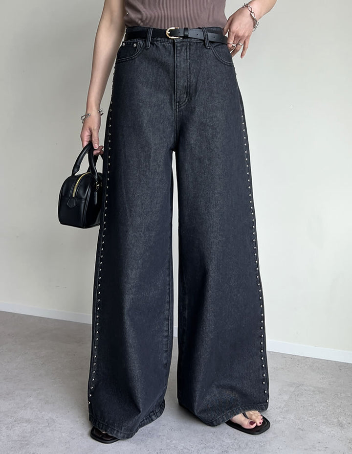 【TIME SALE 20%OFF ¥5,998⇒¥4,798】[2025 SUMMER COLLECTION][低身長/高身長サイズ有]サイドスタッズワイドデニムパンツ パンツ 人気レディースファッション通販 リエディ
